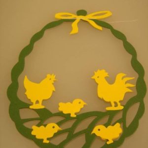 Hühnerfamilie, grün/gelb, 17 x 13 cm