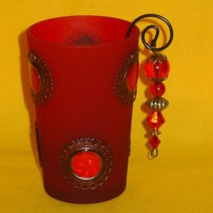 Glas Teelichthalter mit Metalleinsatz rot, ca 11 cm