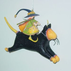 Fliegende Hexe grn auf schwarzer Katze, 15 x 12 cm