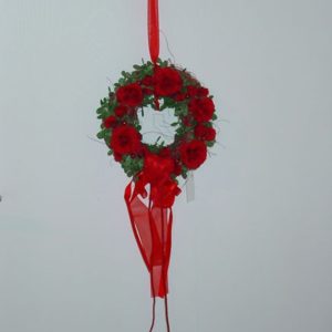 Kranz Herz mit Rosen und rotem Satinband, ca 17 cm
